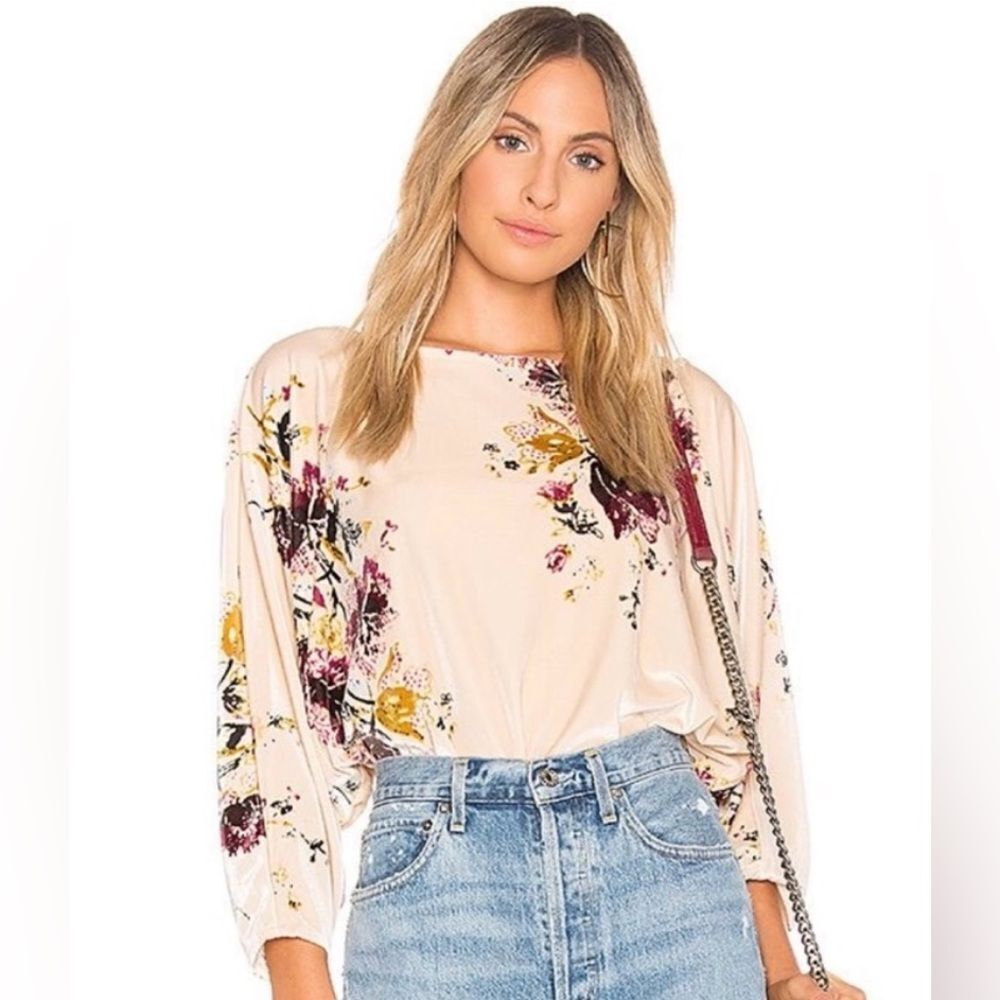 Free People Intimately Babe Slouchy Beige Floral Bodysuit, Medium